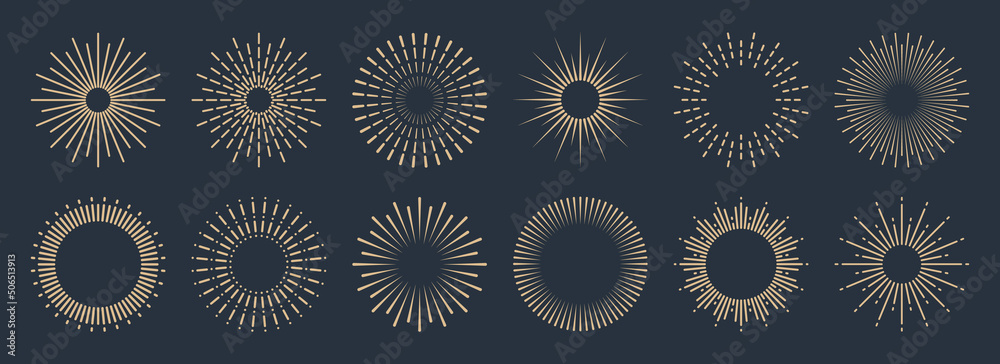 Vintage sunburst collection. Bursting golden sun rays. Fireworks. Logotype or lettering design element. Radial sunset beams. Vector illustration.