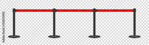 Realistic retractable belt stanchion on transparent background. Crowd control barrier posts with caution strap. Queue lines. Restriction border and danger tape. Vector illustration.