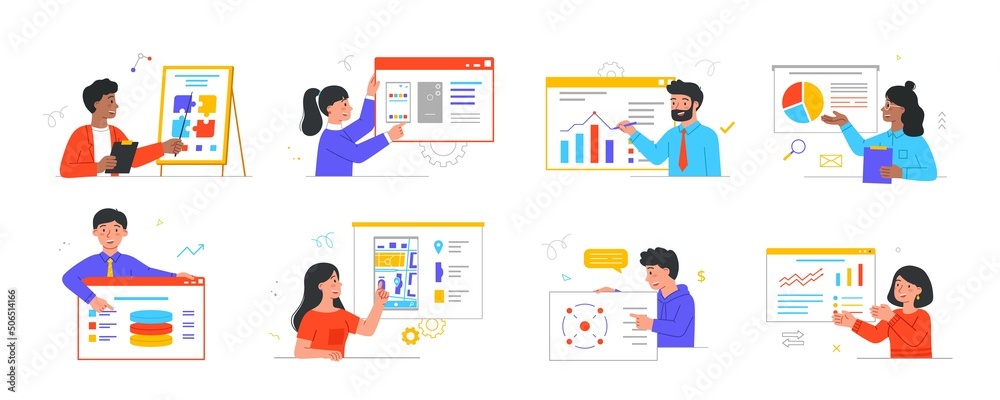 Set of people presenting information. Entrepreneurs show financial reports, business strategies, user interface designs and other projects. Cartoon flat vector collection isolated on white background