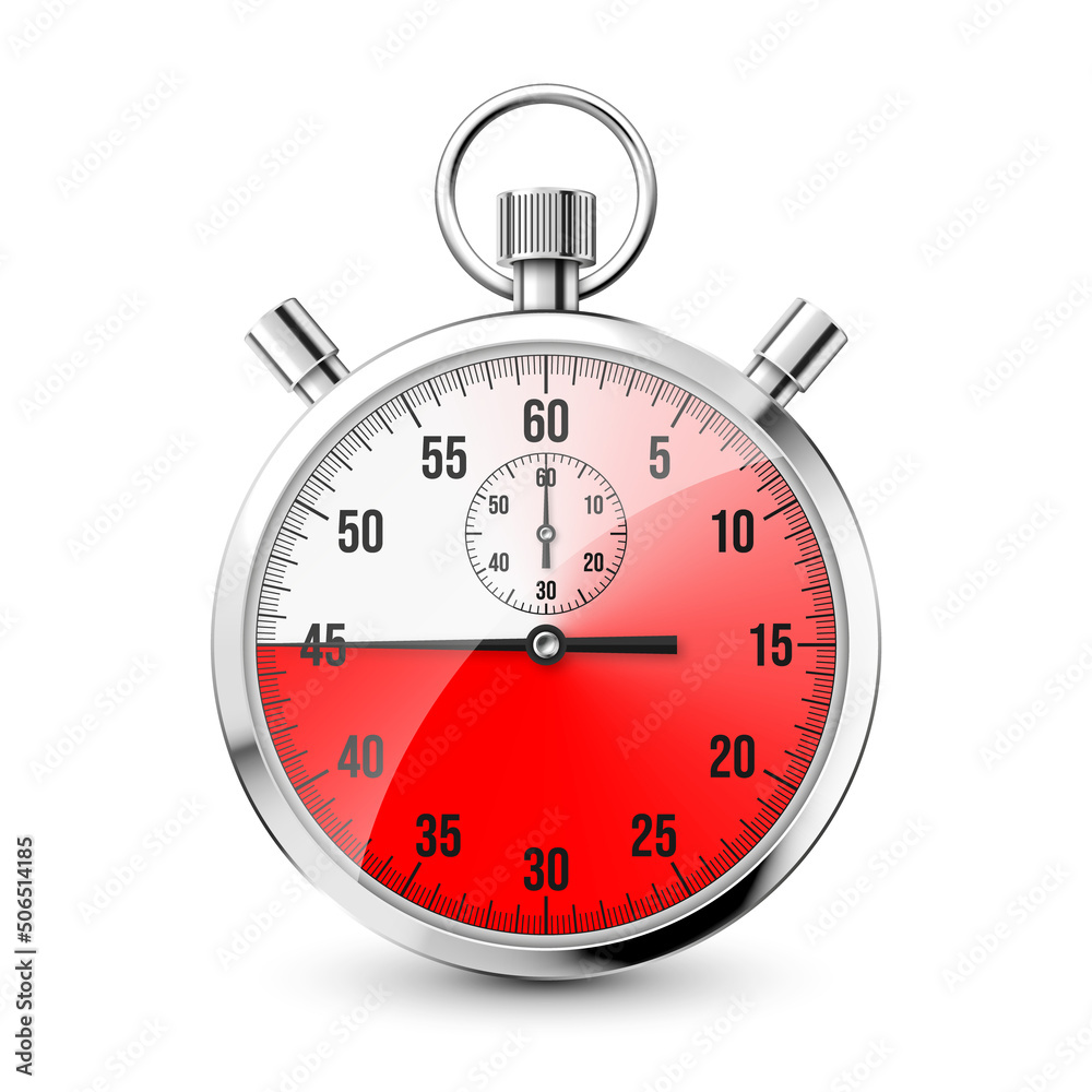 Realistic classic stopwatch icon. Shiny metal chronometer, time counter with dial. Red countdown timer showing minutes and seconds. Time measurement for sport, start and finish. Vector illustration Realistic classic stopwatch icon. Shiny metal chronometer, time counter with dial. Red countdown timer showing minutes and seconds. Time measurement for sport, start and finish. Vector illustration