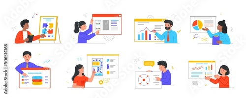 Set of people presenting information. Entrepreneurs show financial reports, business strategies, user interface designs and other projects. Cartoon flat vector collection isolated on white background