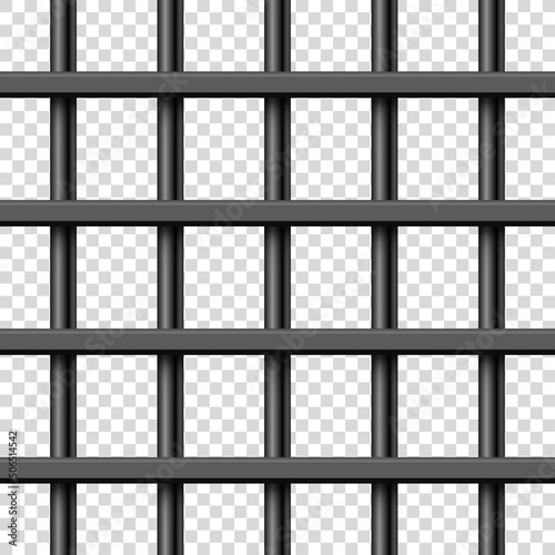 Black realistic metal prison bars. Detailed jail cage, prison iron fence. Criminal background mockup. Creative vector illustration.