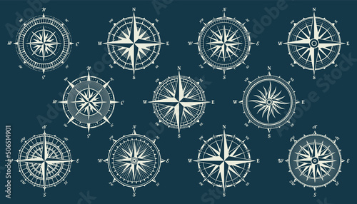 Vintage marine wind rose, nautical chart. Monochrome navigational compass with cardinal directions of North, East, South, West. Geographical position, cartography and navigation. Vector illustration.