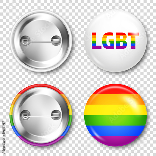 Realistic colorful badge with LGBTQ rainbow flag. Lesbian, gay, bisexual, transgender love symbol, pride month. 3D glossy round button. Pin badge mockup. Vector illustration