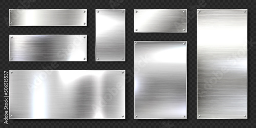Realistic shiny metal banners set. Brushed steel plate with screws. Polished silver metal surface. Vector illustration.