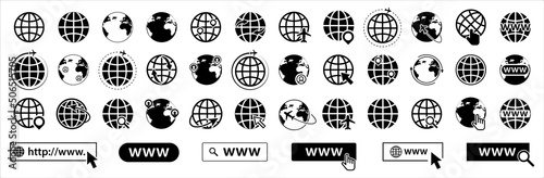 Search bar elements and globes icons set. WWW, search, globe, cursor. Vector illustration.