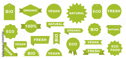 Collection of tags and badges healthy food. Natural product set icons. Bio, organic, eco, vegan food. Vector illustration.
