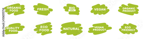 Collection of tags and badges healthy food. Natural product set icons. Bio, organic, eco, vegan food. Vector illustration.