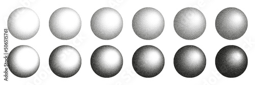 Round shaped dotted objects, stipple elements. Fading gradient. Stippling, dotwork drawing, shading using dots. Pixel disintegration, halftone effect. White noise grainy texture. Vector illustration