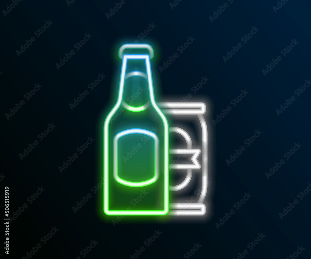 Glowing neon line Beer bottle and beer can icon isolated on black background. Colorful outline concept. Vector Glowing neon line Beer bottle and beer can icon isolated on black background. Colorful outline concept. Vector