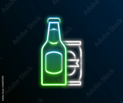 Glowing neon line Beer bottle and beer can icon isolated on black background. Colorful outline concept. Vector