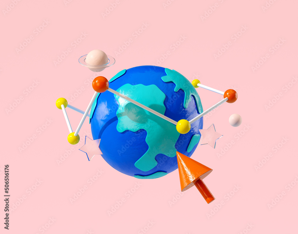 Minimal background for online education concept. World globe with mouse cursor on pink background. 3d rendering illustration. Clipping path of each element included.