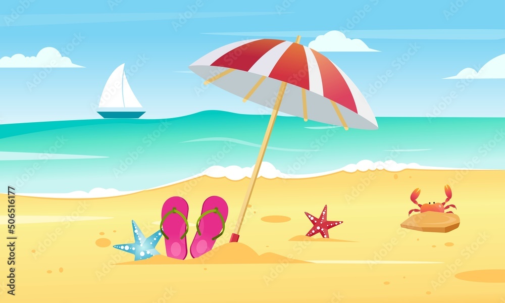 Summer beach, sea coast scene with umbrella, flip flops, crab, ship, starfish, Flat vector illustration, landscape