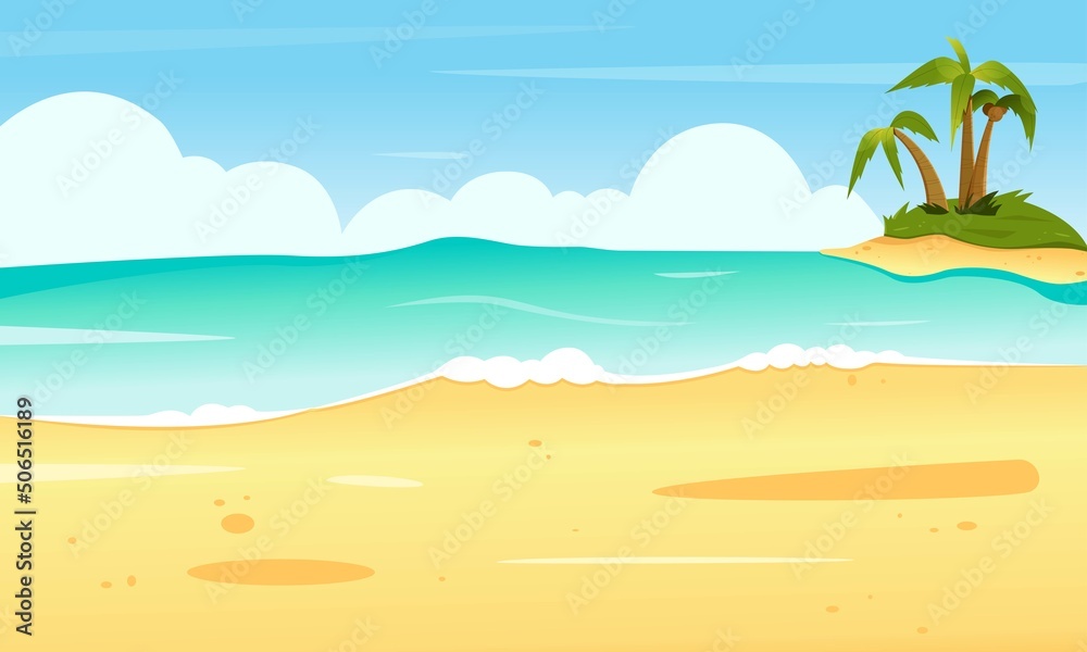 Summer beach, seashore scene with island and palm trees. Flat vector illustration, landscape