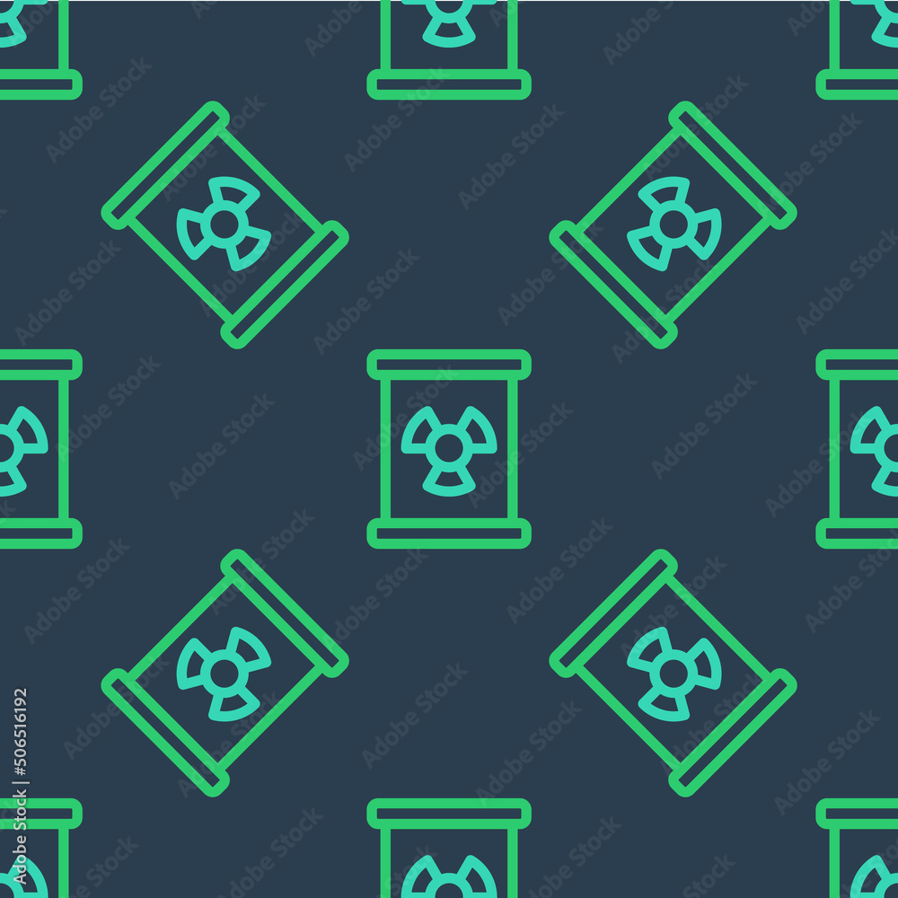 Line Radioactive waste in barrel icon isolated seamless pattern on blue background. Toxic refuse keg. Radioactive garbage emissions, environmental pollution. Vector Line Radioactive waste in barrel icon isolated seamless pattern on blue background. Toxic refuse keg. Radioactive garbage emissions, environmental pollution. Vector