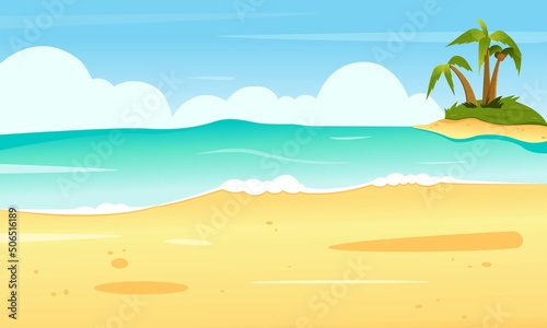 Summer beach  seashore scene with island and palm trees. Flat vector illustration  landscape