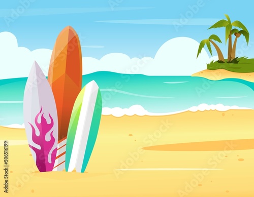 Fototapeta Naklejka Na Ścianę i Meble -  Summer paradise scene with surf boards, sea and sand landscape, island with palm trees. Vector illustration art in flat style