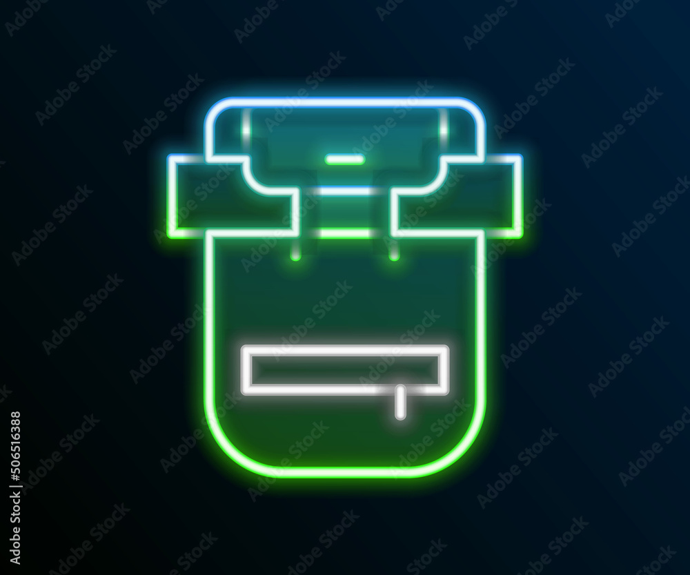 Glowing neon line Hiking backpack icon isolated on black background. Camping and mountain exploring backpack. Colorful outline concept. Vector Glowing neon line Hiking backpack icon isolated on black background. Camping and mountain exploring backpack. Colorful outline concept. Vector