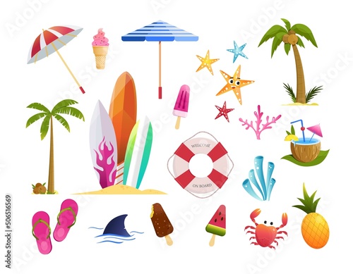 Summer vacations set. Umbrella, surf boards, crab, palm trees, flip flops, ice cream, coconut, pineapple. Design elements isolated on white background, flat vector illustration