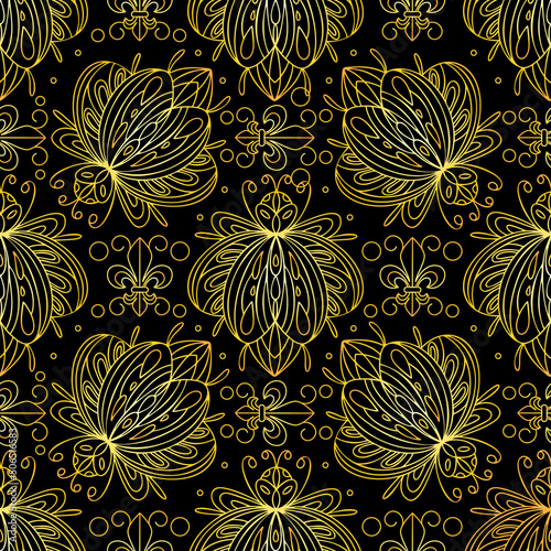 Fotografie, Tablou Seamless pattern of golden bugs and Florentine lilies