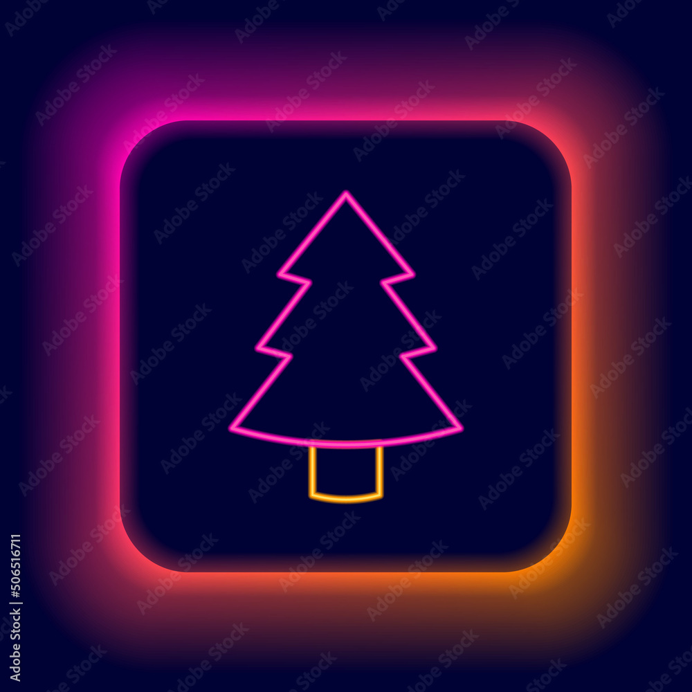 Obraz premium Glowing neon line Christmas tree icon isolated on black background. Merry Christmas and Happy New Year. Colorful outline concept. Vector