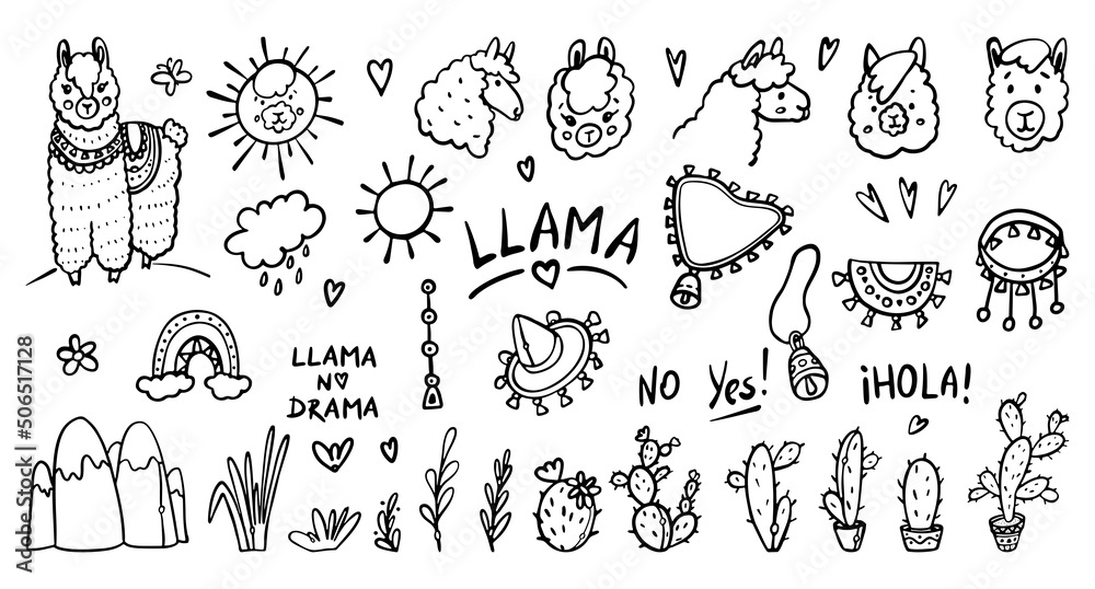 Llama hand-drawn outline Doodles Cartoon Vector Illustration Set. Cute alpaca, animal portraits, cactuses, leaves, jewelry