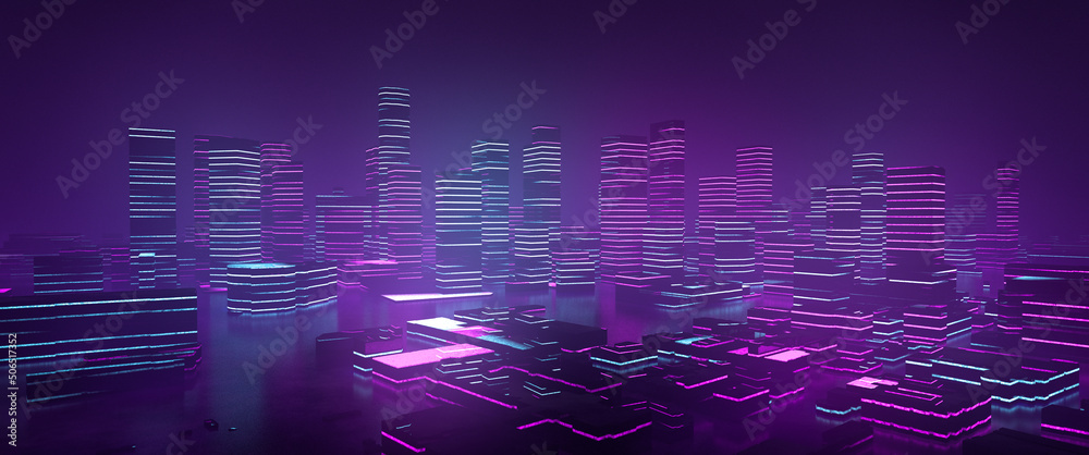 Metaverse cityscape side view - 3d illustration widescreen - obrazy, fototapety, plakaty 