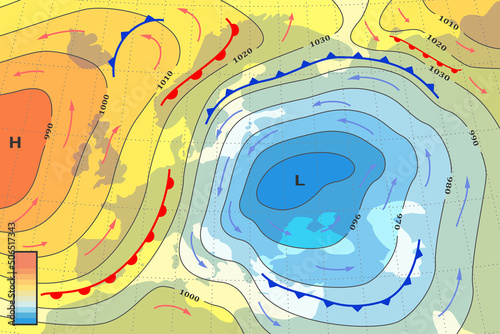 Weather forecast map of Europe. Template of climate generic system map for synoptic prediction with pressure, isobars, movement of meteorology cyclone, direction wind fronts, temperature diagram.