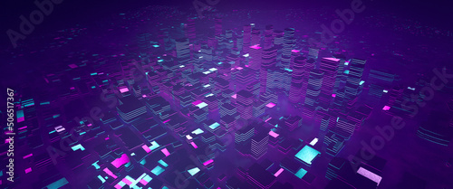 Explore metaverse city - top view 3d illustration widescreen.