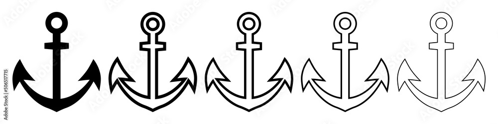 Anchor icon set. Silhouette an outline vector illustration isolated on white background. Marine symbol. Anchor icon set. Silhouette an outline vector illustration isolated on white background. Marine symbol.