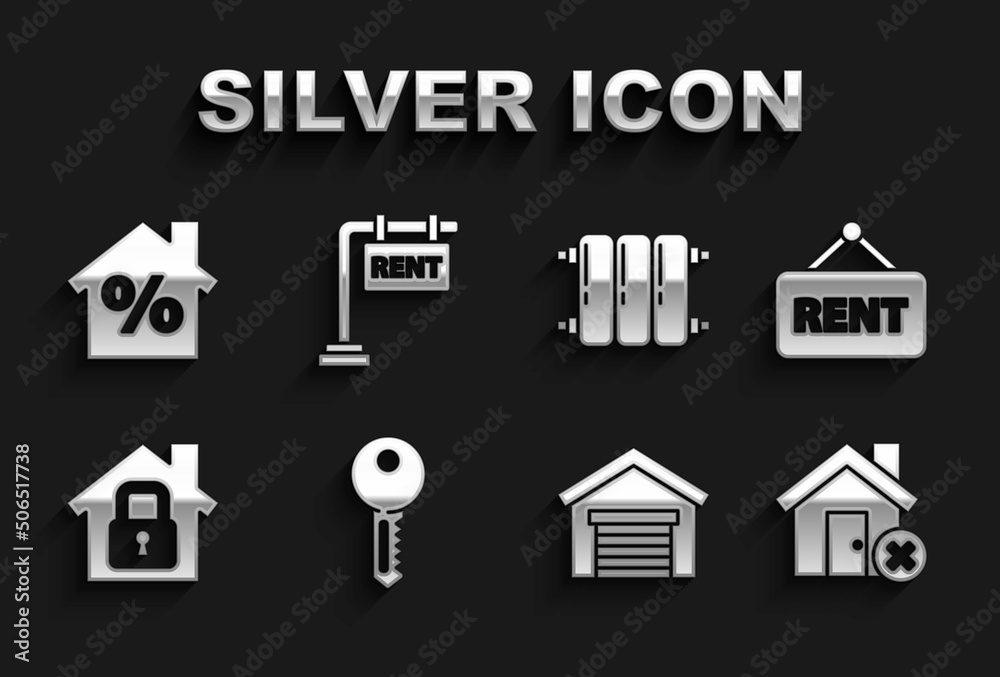 Set House key, Hanging sign with Rent, wrong mark, Garage, under protection, Heating radiator, percant discount and icon. Vector Set House key, Hanging sign with Rent, wrong mark, Garage, under protection, Heating radiator, percant discount and icon. Vector