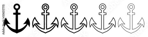 Anchor icon set. Silhouette an outline vector illustration isolated on white background. Marine symbol.