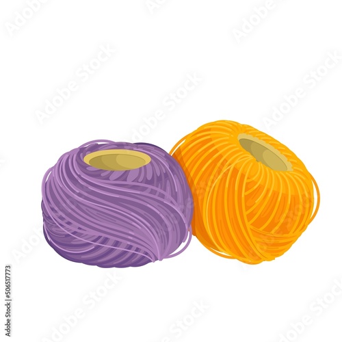 Skeins of nitting yarn. Ball of wool thread. Female hobby knitwork, handicraft, hand-knitting. Vector illustration