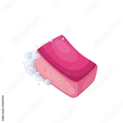 Cleaning sponge with foam color vector illustration. Bubbles on pink rubber two-layer sponge for washing-up in cartoon style, isolated photo
