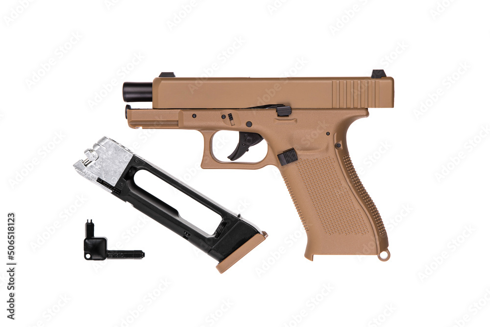 Air gun. Modern pneumatic weapon for air soft, sports and entertainment. A dummy, a copy of a real pistol revolver. Isolate on a white back. Air gun. Modern pneumatic weapon for air soft, sports and entertainment. A dummy, a copy of a real pistol revolver. Isolate on a white back.