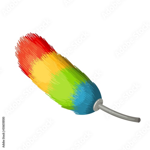 Fluffy dust colorful brush with handle color vector illustration. House cleaning rainbow tool in cartoon style, isolated