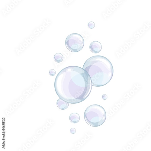 Flying shiny bubbles color vector illustration. Cleaning detergent large and small foamy bubbles in cartoon style, isolated