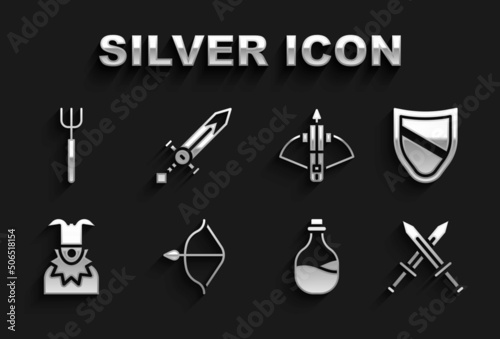 Set Medieval bow and arrow, Shield, Crossed medieval sword, Old bottle of wine, Joker head, Battle crossbow with, Garden pitchfork and icon. Vector