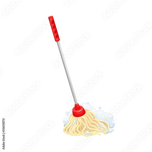 Rope mop and detergent foam color vector illustration. Cleaning service and inventory rope tool in cartoon style, isolated