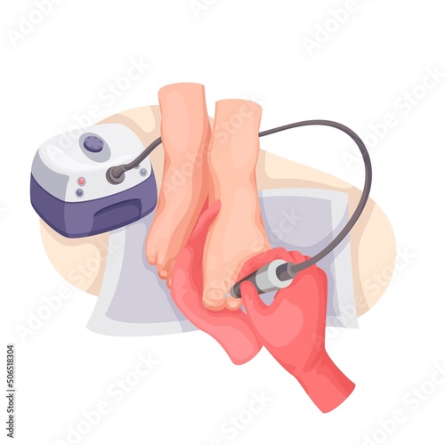 Pedicure master removing cuticle from client toe with machine vector isolated illustration. Beauty salon services colourful scene in cartoon style, isolated
