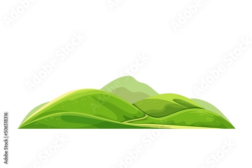 Green hilly valley landscape flat vector object isolated. Type of highland and terrain cartoon style illustration