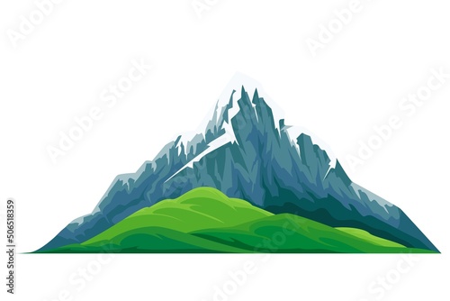 Snow capped mountain peak and green valley flat vector object isolated. Highland type and terrain cartoon style illustration