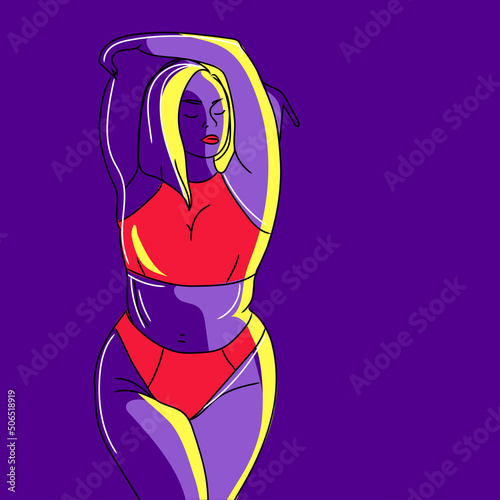 Curvy woman in line art style on purple background vector illustration. Attractive beautiful girl in a swimsuit or underwear drawing in a modern style in contrasting colors.Body positive concept.