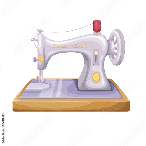 Vintage hand sewing machine flat color vector object isolated. Tailor equipment cartoon style illustration