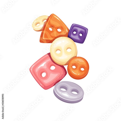 Buttons with holes falling down flat color vector objects isolated. Sewing supplies and decor cartoon style illustration