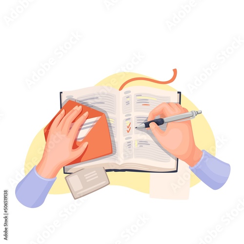 Planner marking done tasks with ticks in diary vector illustration. Work organization and business planning colourful picture in cartoon style, isolated