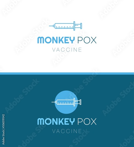 Monkeypox virus logo template, rashes therapy logotype, smallpox syringe needle vector icon design, new pandemic, blue vaccination branding, isolated on background
