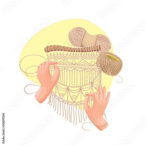 Woman braiding macrame flat vector character isolated. Home decor accessory cartoon style illustration