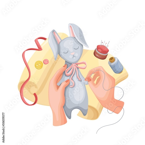 Woman hands making cute toy bunny vector character isolated. Stuffed toy crafting workshop cartoon style illustration
