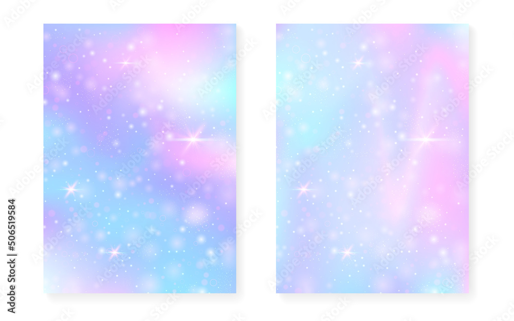 Rainbow background with kawaii princess gradient. Magic unicorn hologram.